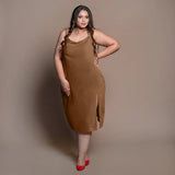 Brown Cotton Velvet Cowl Neck Midi Slip Dress