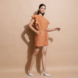 Right View of a Model wearing Brown Handspun Solid Cotton Playsuit