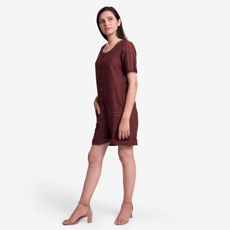 Left View of a Model wearing Brown Solid Brown Mangalgiri Cotton Romper