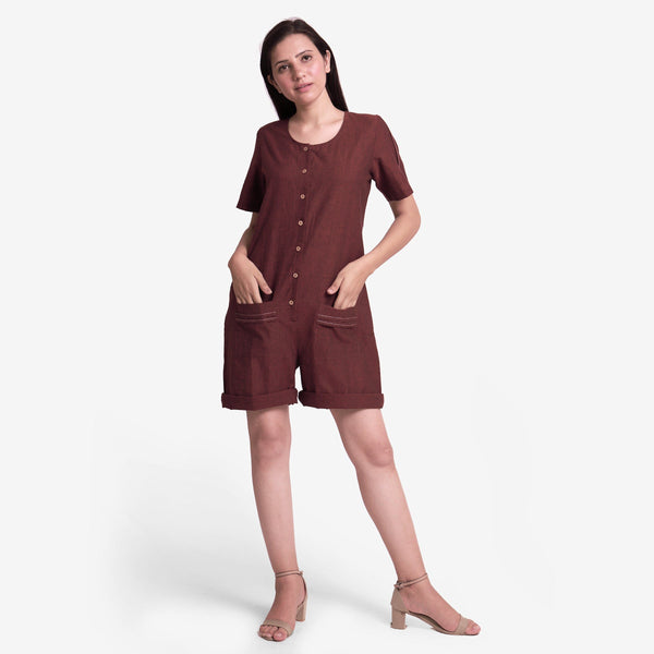 Front View of a Model wearing Solid Brown Mangalgiri Cotton Romper