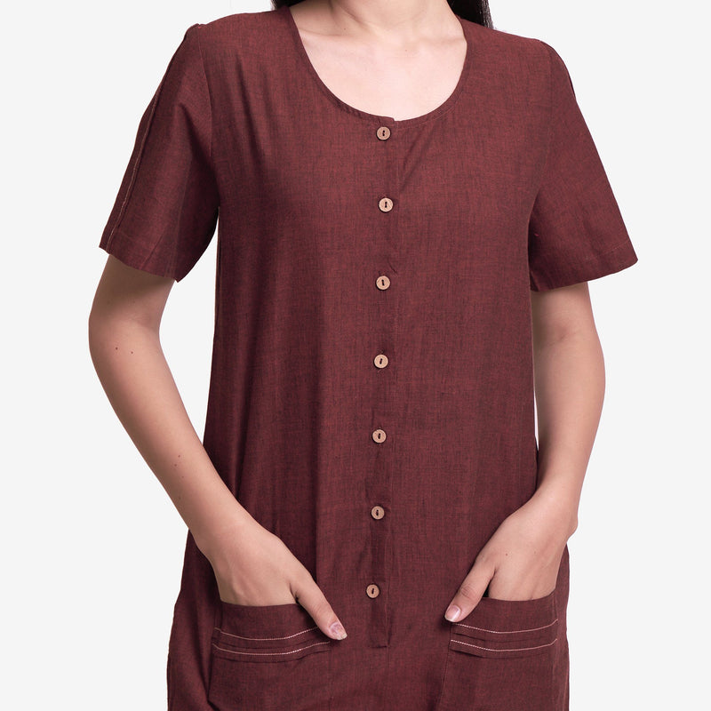 Front Detail of a Model wearing Solid Brown Mangalgiri Cotton Romper