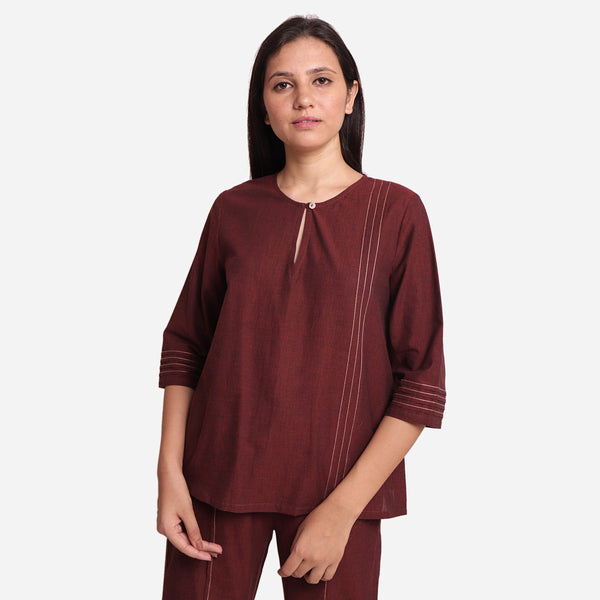Front View of a Model wearing Brown Mangalgiri Cotton Tunic Top
