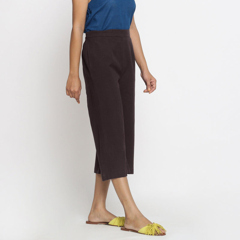 Right View of a Model wearing Brown Mid-Rise Cotton Flax Culottes