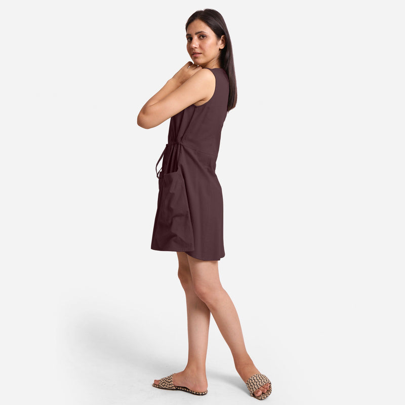 Left View of a Model wearing Brown Patch Pocket Round Neck Dress