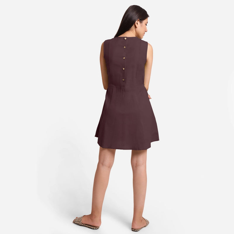 Back View of a Model wearing Brown Patch Pocket Round Neck Dress