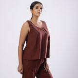 Right View of a Model wearing Brown Straight Mangalgiri Cotton Top