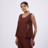 Left View of a Model wearing Brown Straight Mangalgiri Cotton Top