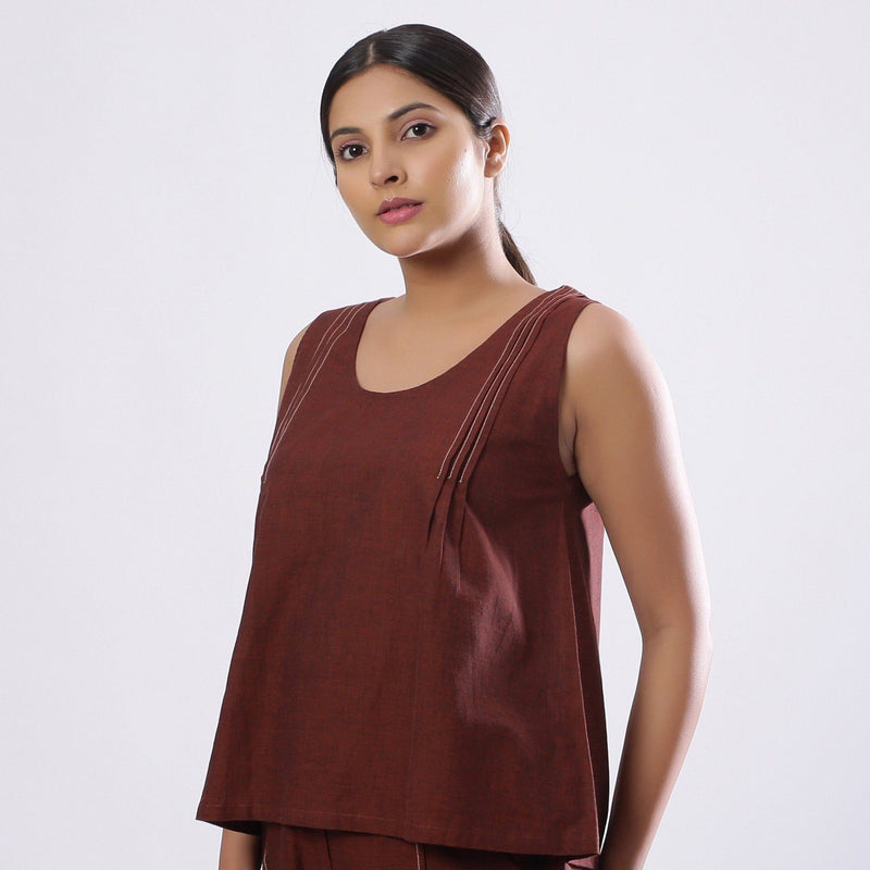 Left View of a Model wearing Brown Straight Mangalgiri Cotton Top