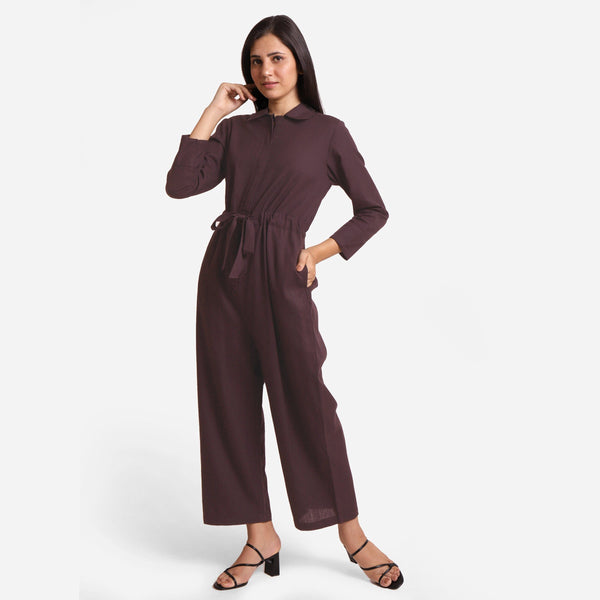 Front View of a Model wearing Brown Wide Legged Cotton Overall
