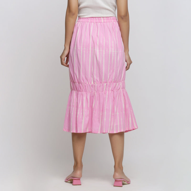 Back View of a Model wearing Bubblegum Pink Tie-Dye Cotton Elasticated Midi Balloon Skirt