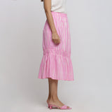 Right View of a Model wearing Bubblegum Pink Tie-Dye Cotton Elasticated Midi Balloon Skirt