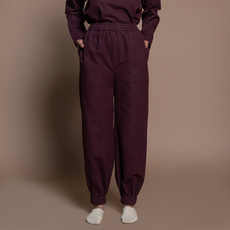 Front View of a Model wearing Burgundy Warm Cotton Flannel Jogger Pants