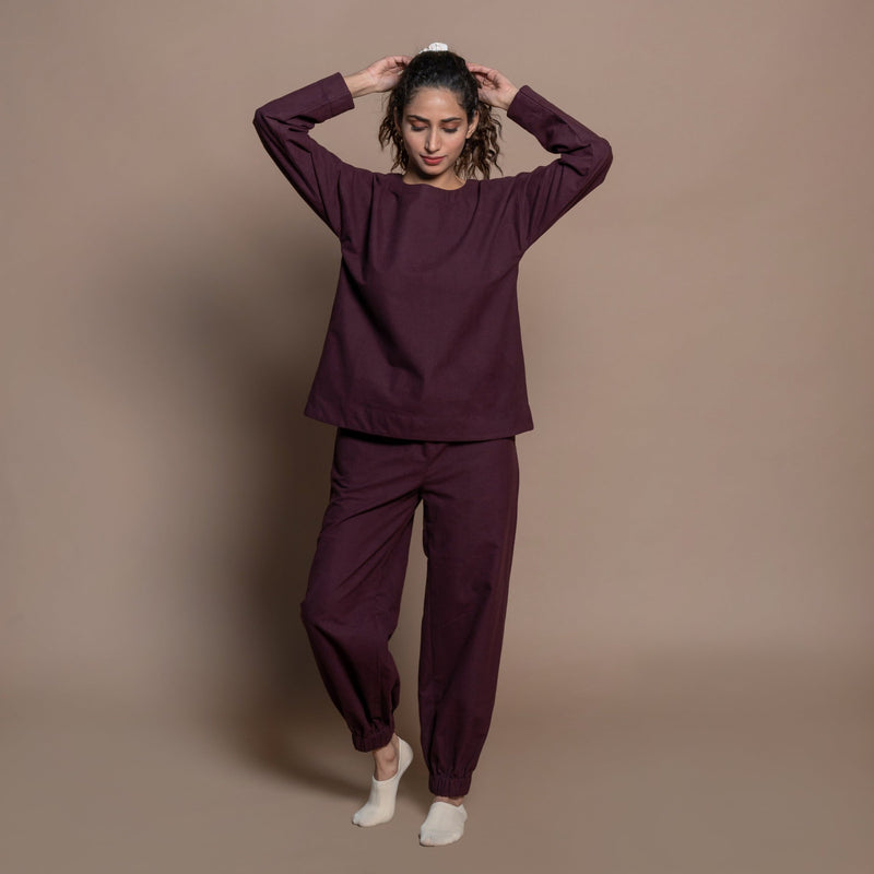 Front View of a Model wearing Burgundy Warm Cotton Flannel Jogger Pant