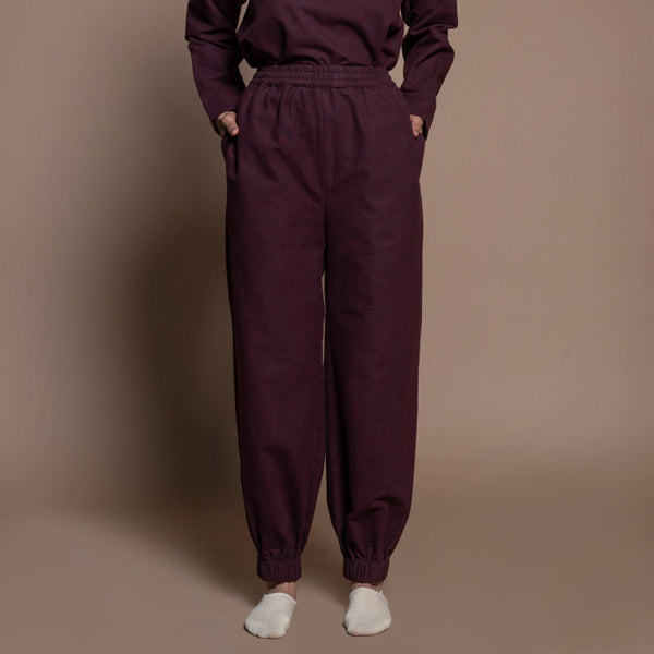Front View of a Model wearing Burgundy Warm Cotton Flannel Jogger Pant