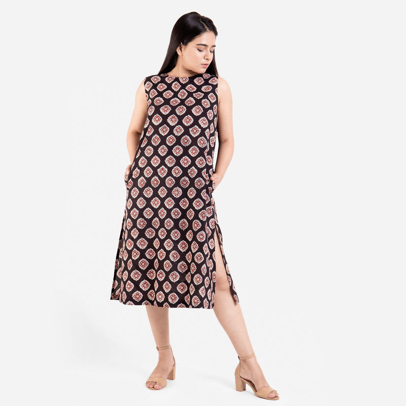 Front View of a Model wearing Natural Dyed Block Print Sleeveless Midi Dress