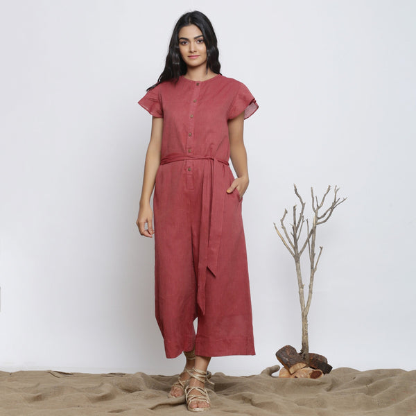Front View of a Model wearing Button-Down Maroon Yoked Jumpsuit