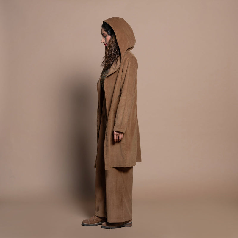 Left View of a Model wearing Camel Brown Cotton Velvet Front Open Hoodie Jacket