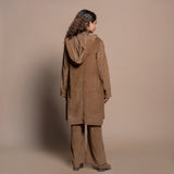 Back View of a Model wearing Camel Brown Cotton Velvet Front Open Hoodie Jacket