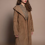 Front Detail of a Model wearing Camel Brown Cotton Velvet Front Open Hoodie Jacket