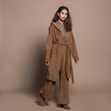 Right View of a Model wearing Camel Brown Cotton Velvet Front Open Hoodie Jacket