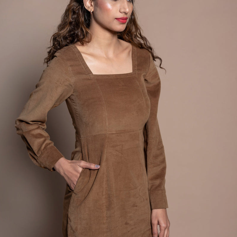 Front Detail of a Model wearing Camel Brown Cotton Velvet Square Neck Midi Slit Dress