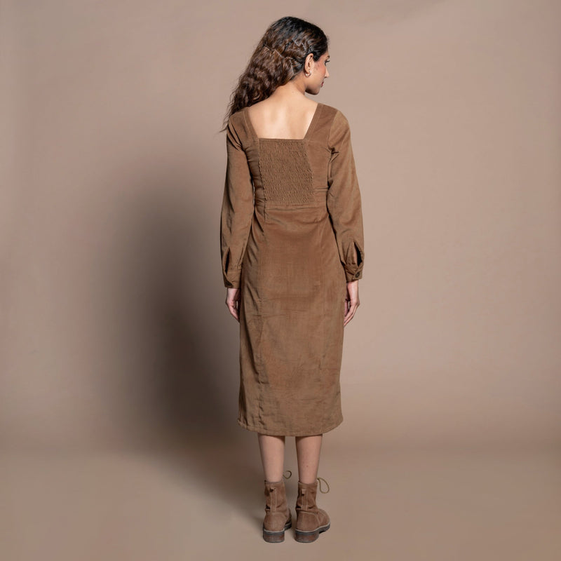 Back View of a Model wearing Camel Brown Cotton Velvet Square Neck Midi Slit Dress