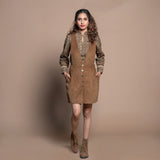 Front View of a Model wearing Camel Brown Cotton Velvet Pinafore Short Dress