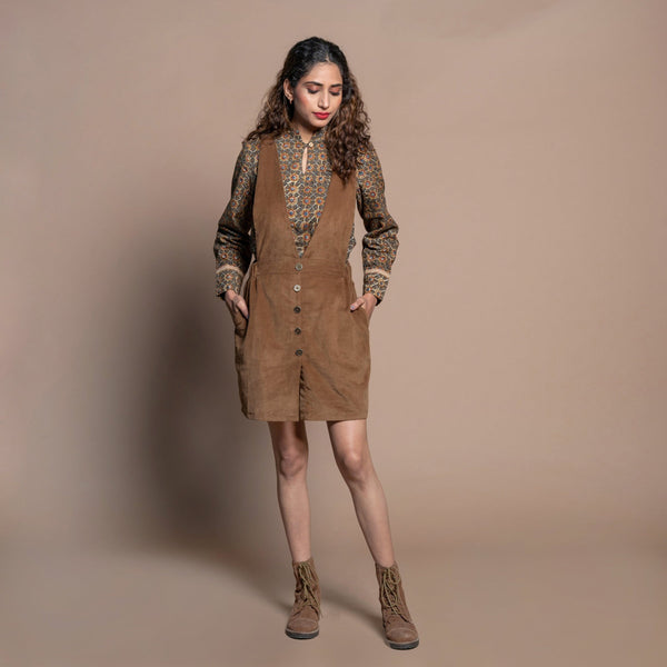 Front View of a Model wearing Camel Brown Cotton Velvet Pinafore Short Dress