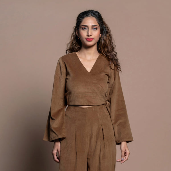 Front View of a Model wearing Camel Brown Cotton Velvet Full Sleeve Wrap Crop Top