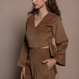 Front Detail of a Model wearing Camel Brown Cotton Velvet Elasticated Wide Legged Pant