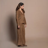 Right View of a Model wearing Camel Brown Cotton Velvet Notched Collar Button Down Shirt