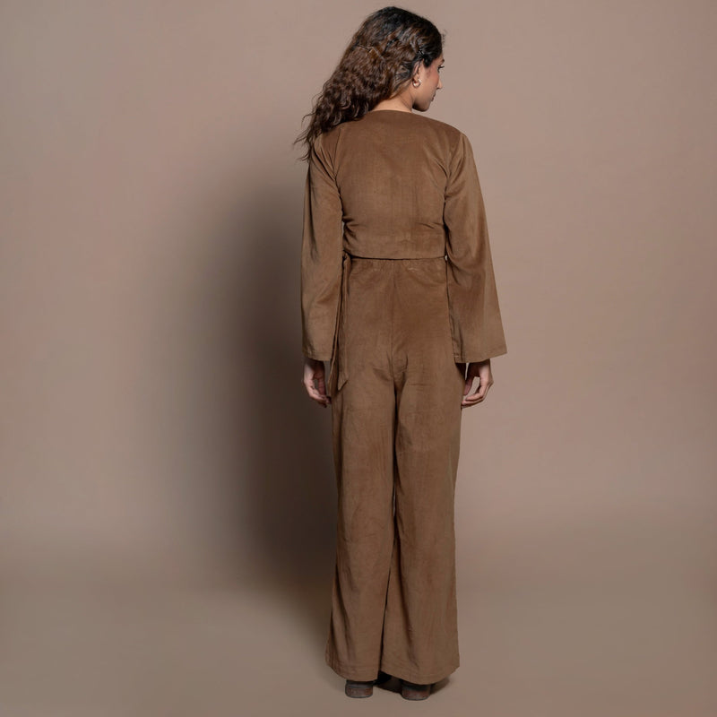 Back View of a Model wearing Camel Brown Velvet Wrap Top and Pant Set