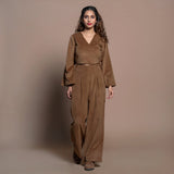 Front View of a Model wearing Camel Brown Velvet Wrap Top and Pant Set
