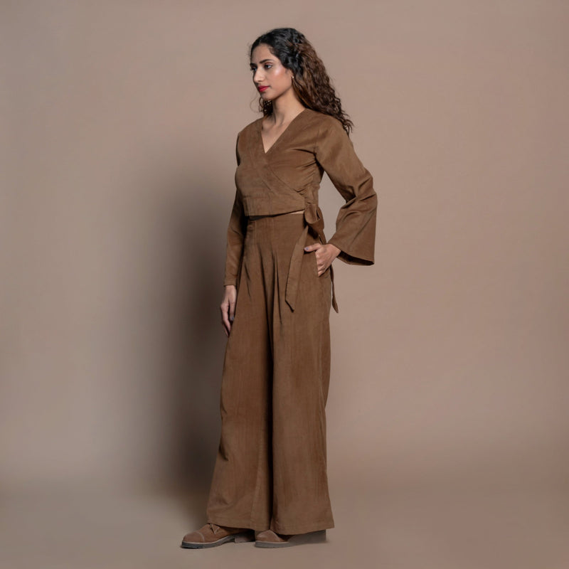 Right View of a Model wearing Camel Brown Velvet Wrap Top and Pant Set