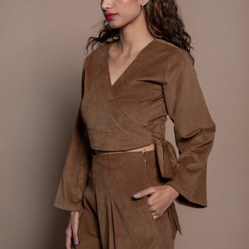 Front Detail of a Model wearing Camel Brown Cotton Velvet Wrap Top