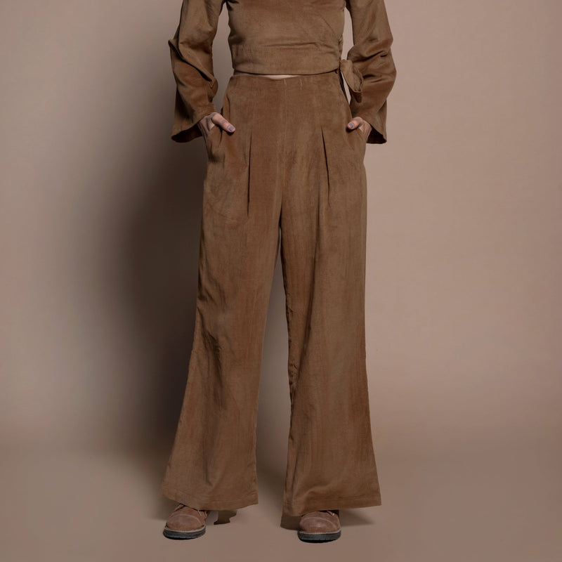 Front View of a Model wearing Camel Brown High Rise Wide Legged Pants