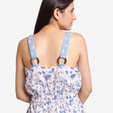 Back Detail of a Model wearing Blue Floral Button-Down Midi Jumpsuit