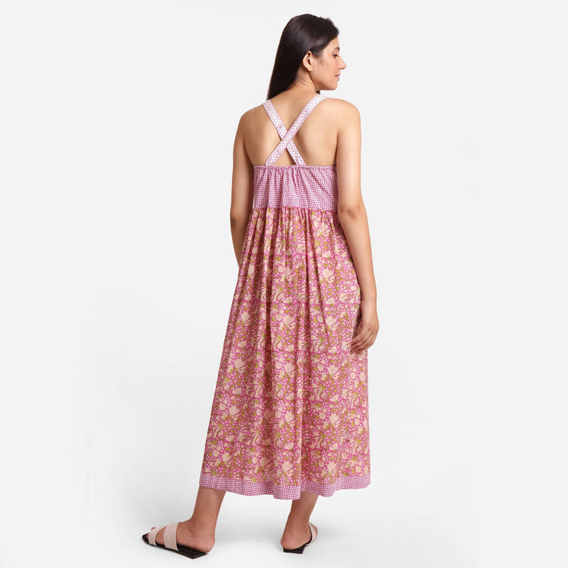 Back View of a Model wearing Floral Block Print Cotton Maxi Dress