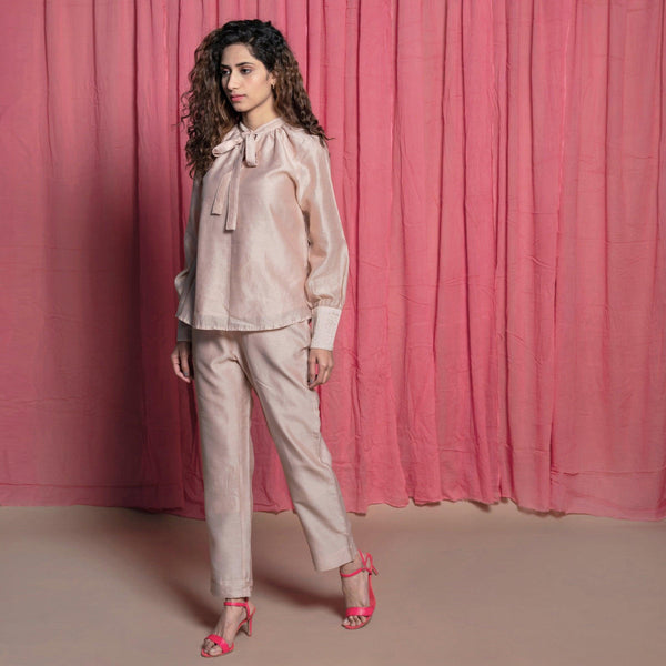 Left View of a Model wearing Champagne Chanderi Flared Top and Pant set