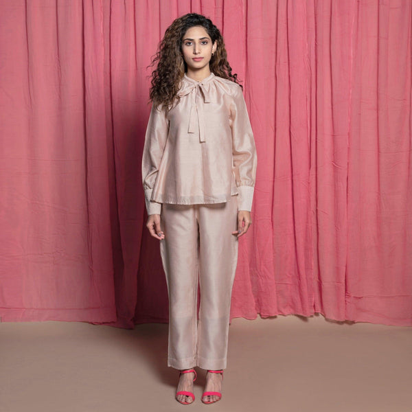 Front View of a Model wearing Champagne Chanderi Flared Top and Pant set