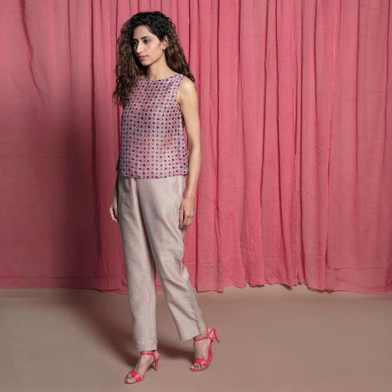 Left View of a Model wearing Champagne Cotton Chanderi Elasticated High-Rise Pant