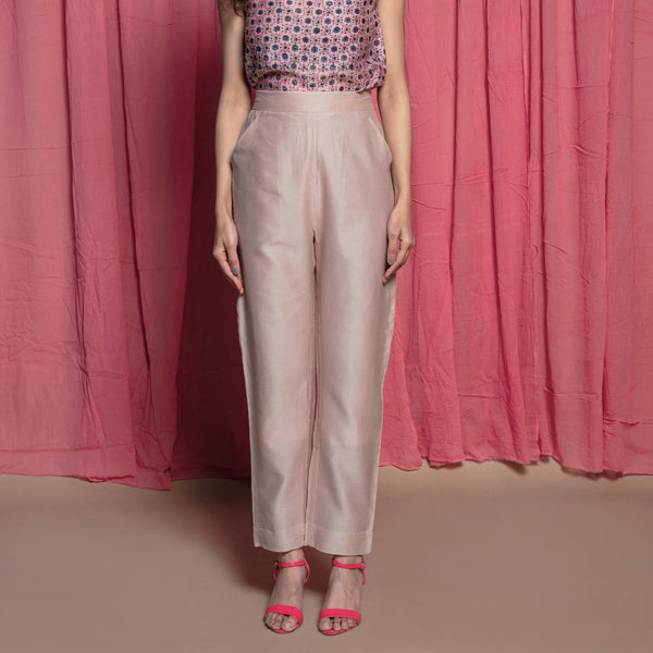 Front View of a Model wearing Champagne Cotton Chanderi Elasticated High-Rise Pant