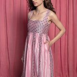 Front Detail of a Model wearing Pink Cotton Chanderi Block Print Paneled Maxi Dress
