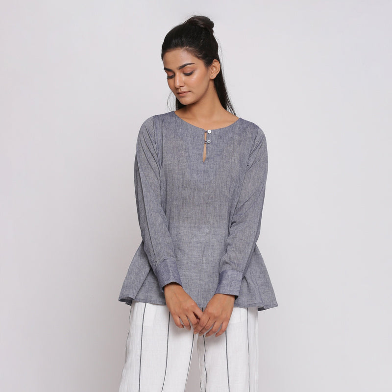 Front View of a Model wearing Charcoal Grey Cotton Flared Tunic Top