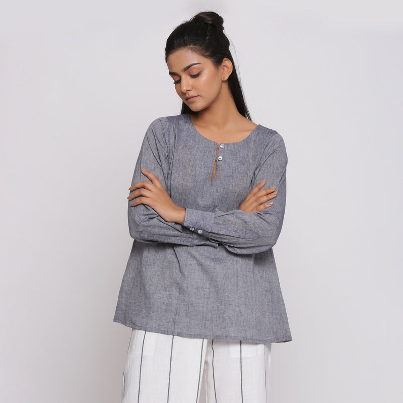 Front View of a Model wearing Charcoal Grey Cotton Flared Tunic Top
