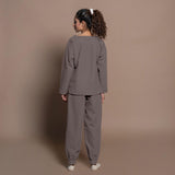 Back View of a Model wearing Charcoal Grey Warm Cotton Flannel Round Neck Sweatshirt