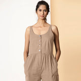 Front Detail of a Model wearing Beige Cotton Flax Button-Down Midi Jumpsuit