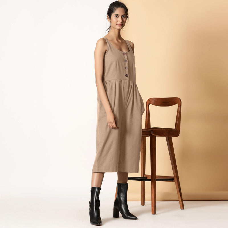Right View of a Model wearing Beige Cotton Flax Button-Down Midi Jumpsuit
