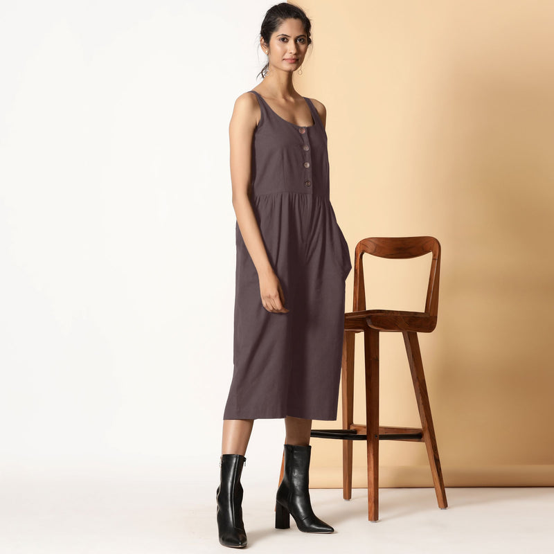 Right View of a Model wearing Brown Cotton Flax Button-Down Midi Jumpsuit