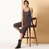 Front View of a Model wearing Brown Cotton Flax Button-Down Midi Jumpsuit